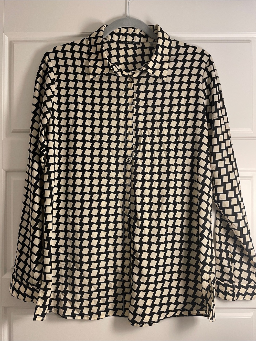 Tahari Black and Cream Geometric Button-Down Shirt